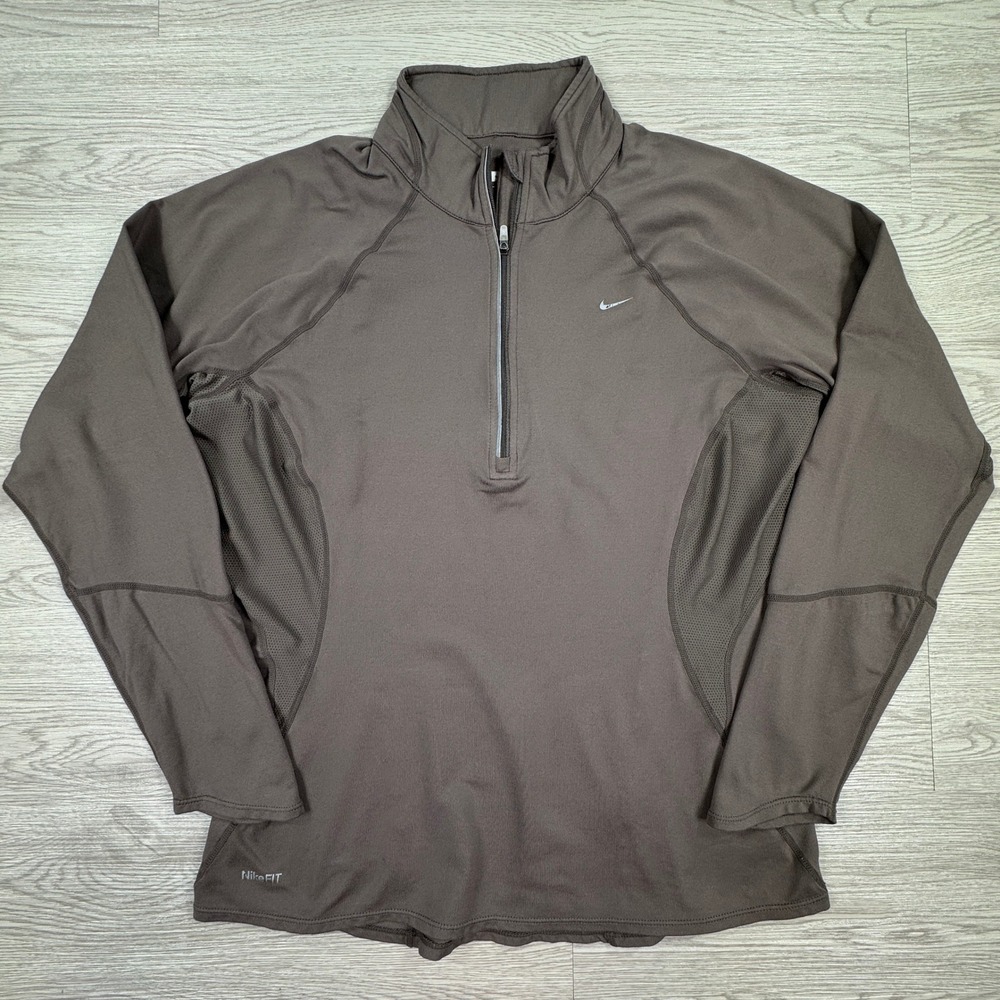 Nike Women's 1/4 Zip Pullover Brown Large Mesh Vent Long Sleeve Running Shirt